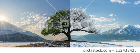 Half tree in winter, half tree in spring and summer, change of seasons weather concept, banner Half tree in winter, half tree in spring and summer, change of seasons weather concept, banner 112438425