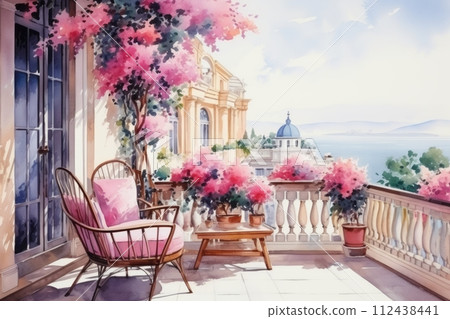 Hobby and leisure, watercolor illustration of a beautiful balcony or terrace decorated with various potted flowers Hobby and leisure, watercolor illustration of a beautiful balcony or terrace decorated with various potted flowers 112438441