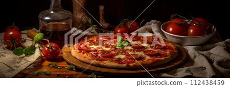 Sicilian pizza close-up, delicious fresh pizza on a wooden table, banner Sicilian pizza close-up, delicious fresh pizza on a wooden table, banner 112438459