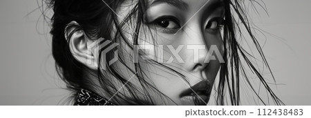Black and white photo of beautiful Asian girl, close-up portrait of woman, banner 112438483