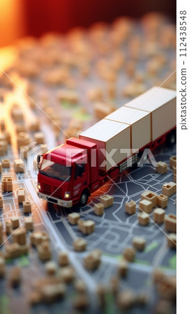 Top view of a model of a truck standing on a map, freight transportation concept Top view of a model of a truck standing on a map, freight transportation concept 112438548