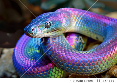 Colorful fantasy multicolored snake close up, snake curled up 112438555