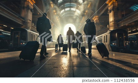 Tourists passengers with suitcases at the train station, back view 112438556