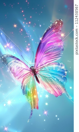 A vibrant purple butterfly, a vital pollinator and beautiful arthropod, gracefully soars in the sky among pink and violet petals 112438567