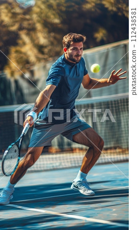 Tennis matches, strong male tennis player hitting a tennis ball with a racket 112438581