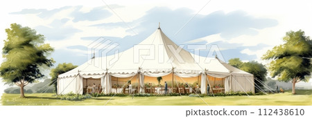 Illustration Wedding tent for a summer wedding celebration in nature, a tent surrounded by flowers, banner 112438610