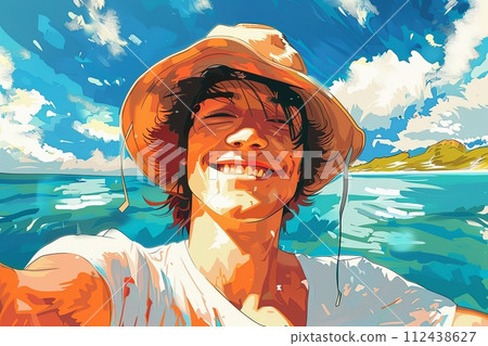 Illustration of a happy young guy taking a selfie on the background of the sea 112438627