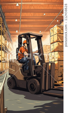 Warehouse worker operates a forklift in a warehouse, illustration of warehouse distribution center 112438628