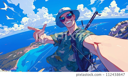 Illustration of a happy young guy taking a selfie on the background of the sea 112438647