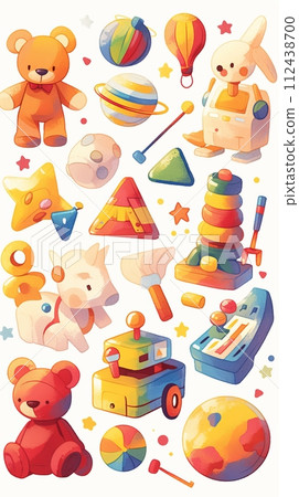 Watercolor illustration of children's toys in calm pastel colors isolated on a white background 112438700