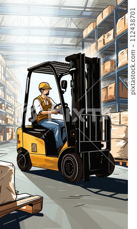 Warehouse worker operates a forklift in a warehouse, illustration of warehouse distribution center 112438701