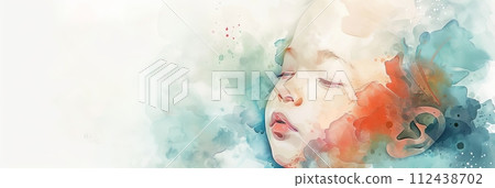 Watercolor illustration of a sleeping child baby in soothing pastel colors, banner 112438702
