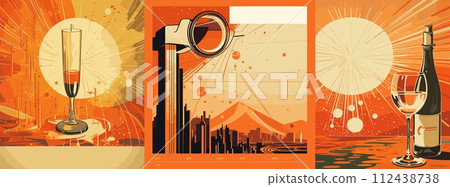 AI-generated content. Vintage French ad poster pack, beige palette, futurism style. Gradient illustrations showcase posters in orange and red colors, highlighting wine bottle and glass. Vector concept 112438738