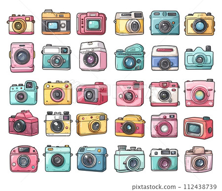 AI-generated content. Vintage cameras bundle. Retro hipster devices, hand drawn style gadgets, nostalgic pack, splendid vector elements for sticker, print, poster, isolated on white background 112438739