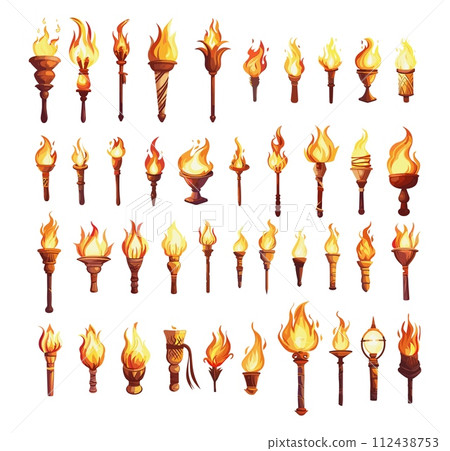 AI-generated content. Torches in cartoon style, vector set. Medieval device for light, lighting fixture made of fire and wood, ancient brands of various shapes with burning flame, for games, ui AI-generated content. Torches in cartoon style, vector set. Medieval device for light, lighting fixture made of fire and wood, ancient brands of various shapes with burning flame, for games, ui 112438753