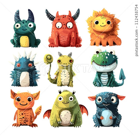 AI-generated content. Tiny monsters hand-drawn style vector pack. Fantasy creatures and little demons for children. Cartoon vector design, isolated on white background 112438754