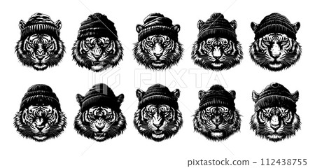AI-generated content. Tiger head in bini hat with different emotions, black and white detailed illustrations. Vector collection of predatory cats, grin, rage, in artistic linear style, isolated on 112438755