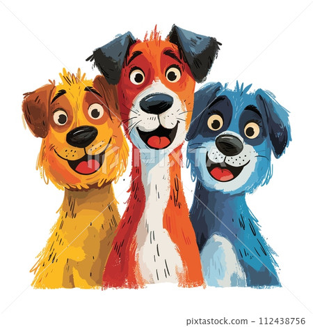 AI-generated content. Three funky dogs steal the spotlight, hand drawn illustration. With happy and sympathetic charisma, animals create lively scene. Vector graphic design poster isolated on white 112438756