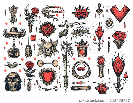 AI-generated content. Tattoo sketches art in old school style. Sharpen stickers. Skulls, flowers, fire, flame, candles, heart, hat. Vector assets in trendy scribble style. Hand drawn illustrations AI-generated content. Tattoo sketches art in old school style. Sharpen stickers. Skulls, flowers, fire, flame, candles, heart, hat. Vector assets in trendy scribble style. Hand drawn illustrations 112438757