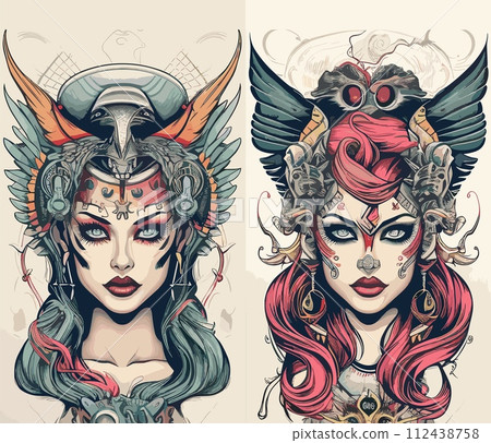 AI-generated content. Tattoo advertising posters. Woman tattooed face in detailed linear style with various graphic elements, wings, horns, curly hair, stylized posters set, vector ad concepts 112438758