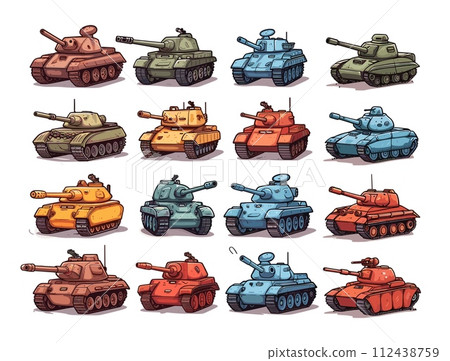 AI-generated content. Tank vehicle set. Military equipment, different models, mechanized transport for war, and combat operations, caterpillar vector equipment, in cartoon style isolated on white AI-generated content. Tank vehicle set. Military equipment, different models, mechanized transport for war, and combat operations, caterpillar vector equipment, in cartoon style isolated on white 112438759
