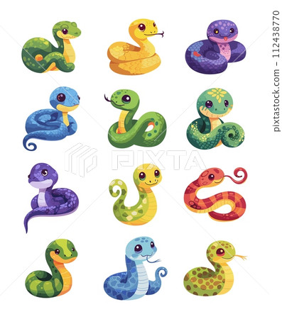 AI-generated content. Snakes in cartoon style. Cute reptiles set for childrens, flat design for printing, illustration and graphic, vector art isolated on white background 112438770