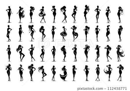 AI-generated content. Silhouettes of womens figures, large set, black color, minimalist style. Women naked and in dress, beautiful plastic bodies, vector abstract iconic graphics isolated on white 112438771