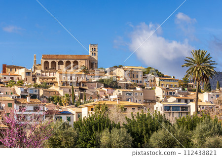 Villagescape of Selva with gothic catholic parish church Esglesia de Sant Llorenc, Majorca, Mallorca, Balearic Islands, Spain, Europe 112438821