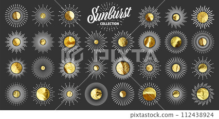 Vintage sunburst, sunset beams. Gold foil, shiny handmade circles. Golden glittering texture, pattern. Hand drawn bursting sun, light rays. Logotype or lettering, retro style. Vector illustration 112438924