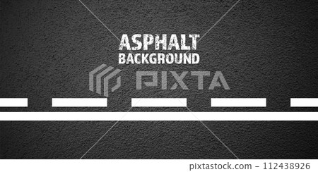 Asphalt road with white lane marking, concrete highway surface, texture. Street traffic line, road dividing strip. Pattern with grainy structure, grunge stone background. Vector illustration 112438926