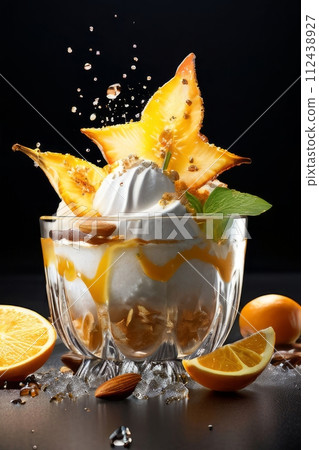 Dessert with star of carambola on top, bunch of fruit on side. For online cooking tutorials, food delivery apps, virtual cooking classes, digital restaurant menus, various contexts such as food blogs. 112438927