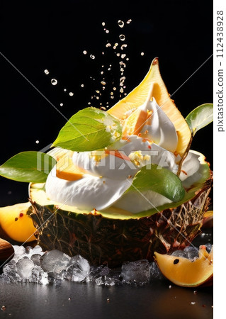 Dessert of ice cream with star shaped carambola garnish is made of crushed almonds, orange slices. For summer dessert, unique culinary presentation, digital restaurant menus, food delivery apps. 112438928