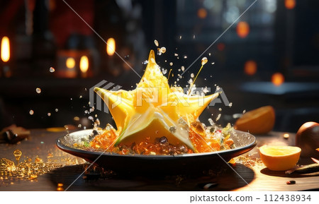 Dessert with star of carambola on top, bunch of fruit on side. For online cooking tutorials, food delivery apps, virtual cooking classes, digital restaurant menus, various contexts such as food blogs. 112438934