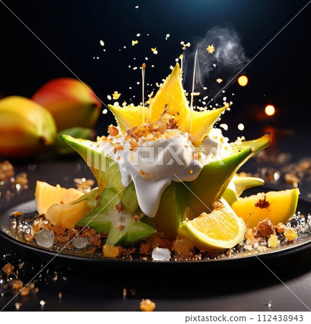 Delectable dessert with star-shaped of carambola design in center. For various contexts such as food blogs, restaurant menus, social media posts promoting desserts, food delivery apps, bunner. Delectable dessert with star-shaped of carambola design in center. For various contexts such as food blogs, restaurant menus, social media posts promoting desserts, food delivery apps, bunner. 112438943