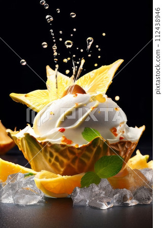 Dessert with star of carambola on top, bunch of fruit on side. For online cooking tutorials, food delivery apps, virtual cooking classes, digital restaurant menus, various contexts such as food blogs. 112438946