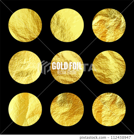 Gold foil, shiny handmade circles. Golden glittering texture, pattern. Luxury shining hand drawn background. Wedding, greeting card decoration elements. Modern minimalist art. Vector illustration 112438947