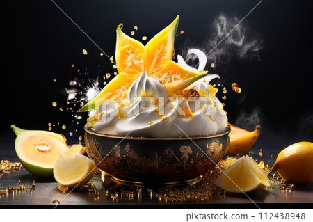 Dessert of ice cream with star shaped carambola garnish is made of crushed almonds, orange slices. For summer dessert, unique culinary presentation, digital restaurant menus, food delivery apps. 112438948