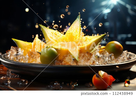 Delectable dessert with star-shaped of carambola design in center. For various contexts such as food blogs, restaurant menus, social media posts promoting desserts, food delivery apps, bunner. Delectable dessert with star-shaped of carambola design in center. For various contexts such as food blogs, restaurant menus, social media posts promoting desserts, food delivery apps, bunner. 112438949