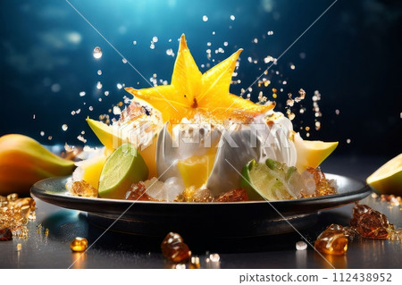 Bowl of ice cream with carambola, lemons garnish on top. For online cooking tutorials, food delivery apps, virtual cooking classes, digital restaurant menus, various contexts such as food blog,bunner Bowl of ice cream with carambola, lemons garnish on top. For online cooking tutorials, food delivery apps, virtual cooking classes, digital restaurant menus, various contexts such as food blog,bunner 112438952