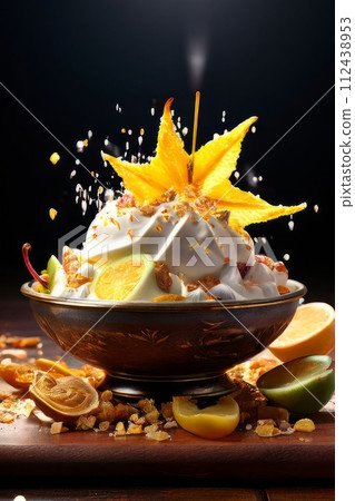 Dessert with star of carambola on top, bunch of fruit on side. For online cooking tutorials, food delivery apps, virtual cooking classes, digital restaurant menus, various contexts such as food blogs. Dessert with star of carambola on top, bunch of fruit on side. For online cooking tutorials, food delivery apps, virtual cooking classes, digital restaurant menus, various contexts such as food blogs. 112438953