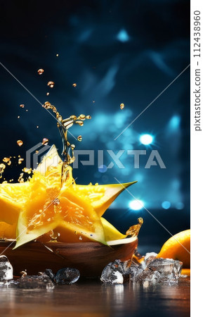 Dessert with star of carambola on top, bunch of fruit on side. For online cooking tutorials, food delivery apps, virtual cooking classes, digital restaurant menus, various contexts such as food blogs. Dessert with star of carambola on top, bunch of fruit on side. For online cooking tutorials, food delivery apps, virtual cooking classes, digital restaurant menus, various contexts such as food blogs. 112438960