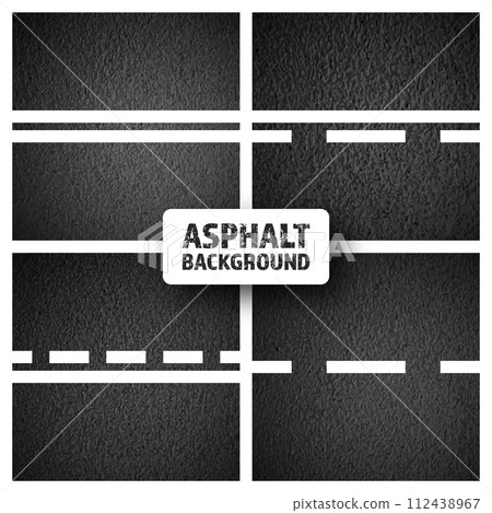 Asphalt road with white lane marking, concrete highway surface, texture. Street traffic line, road dividing strip. Pattern with grainy structure, grunge stone background. Vector illustration 112438967