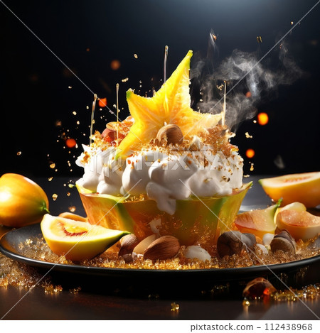 Dessert with star of carambola on top, bunch of fruit on side. For online cooking tutorials, food delivery apps, virtual cooking classes, digital restaurant menus, various contexts such as food blogs. 112438968