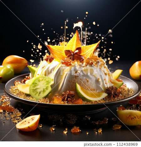 Dessert of ice cream with star shaped carambola garnish is made of crushed almonds, orange slices. For summer dessert, unique culinary presentation, digital restaurant menus, food delivery apps. 112438969