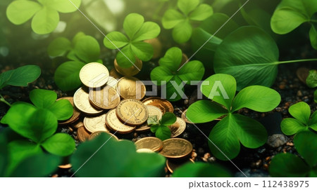 AI-generated content. Pile of shiny gold coins on four-leaf clover background, symbolizing luck and prosperity. St Patricks Day 112438975