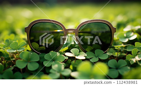 AI-generated content. Fashionable Vintage Brown Sunglasses on Top of Lush Four-Leaf Clovers Field Under the Sunlight. St Patricks Day 112438981