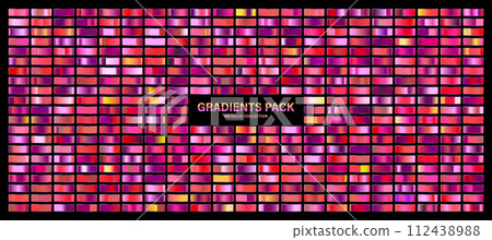 Red, violet glossy gradient, metal foil texture. Sunset color swatch set, summer vibes. Collection of high quality gradients. Shiny metallic background. Design element. Vector illustration 112438988