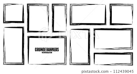 Grunge square frames, banners with stains and scratches. Brush stroke, rectangular shape design element. Distressed dirty text frame, border. Paintbrush, ink stains. Vector illustration Grunge square frames, banners with stains and scratches. Brush stroke, rectangular shape design element. Distressed dirty text frame, border. Paintbrush, ink stains. Vector illustration 112439045