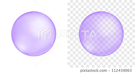 Purple bubbles on transparent and white background. Bead balls. Glass or plastic spheres. Blueberry bubble gums. Elements of soap foam, bath suds, sweet fizzy water. Vector realistic illustration Purple bubbles on transparent and white background. Bead balls. Glass or plastic spheres. Blueberry bubble gums. Elements of soap foam, bath suds, sweet fizzy water. Vector realistic illustration 112439063
