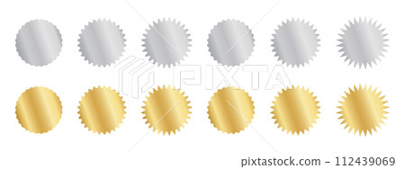 Set of silver and gold round stickers with wiggle and zigzag borders. Shining metallic labels, badges, price tags, coupons, stamps undulate shapes isolated on white background. Vector illustration Set of silver and gold round stickers with wiggle and zigzag borders. Shining metallic labels, badges, price tags, coupons, stamps undulate shapes isolated on white background. Vector illustration 112439069